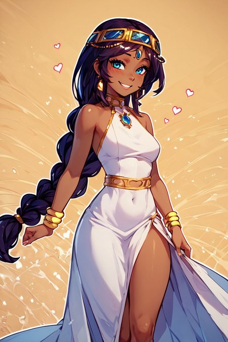 score_9, score_8_up, score_8, medium breasts, (curvy), cute, eyelashes,       BREAK, ,  <lora:Serket_Takatsu_v2:0.7>, zzSerket, dark skin, large breasts, dress, bare shoulders, jewelry, very long hair, bracelet, single braid, circlet,, BREAK, smile, looking at viewer,  abstract background, white outline, cowboy shot, embedding:zPDXL, Expressiveh, <lora:CatalystStylePDXL:0.6>,  <lora:SDXLFaeTastic2400:0.5>,  <lora:Expressive_H-000001:0.4>,
