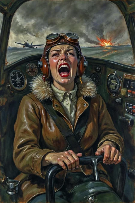 lautrec1 painting of a female pilot screaming inside the cockpit of a WWII bomber. The pilot, wearing a vintage leather flight helmet with goggles and a bomber jacket, grips the controls with her hands. Her face is contorted in a mix of fear and determination as she yells, her eyes wide with adrenaline. The cockpit is cramped and filled with old-fashioned dials and gauges, with the outside view showing dark stormy clouds and distant anti-aircraft fire. Dynamic composition, gritty and realistic, with a cinematic feel. <lora:lautrec4_nocap_d6a3:1.0><lora:813642324279059815:0>