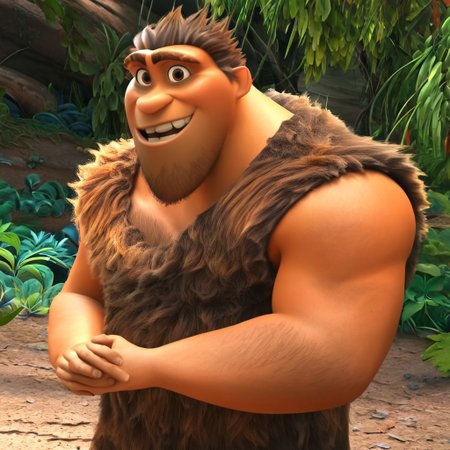 Grug, 1boy, short hair, facial hair, bara, musuclar, thick eyebrows, chest hair, brown hair, stubble, pectorals, brown eyes, arm hair, leg hair, sleeveless, tattered tunic, furry top, brown fur, caveman, broad shoulders,  forest, smile, solo, muscular, wide shoulders, 4k, hi res, five fingers, detailed hands, ((detailed face, (detailed eyes:1.0), detailed)), large build, crooked teeth,