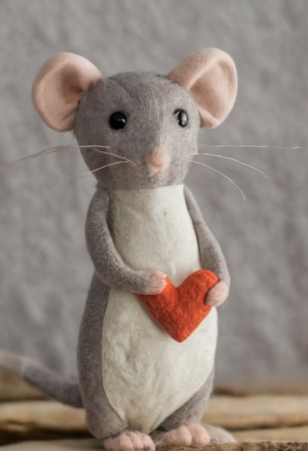 a small, simple, cuddly ral-plsy plush mouse holding a felt heart in its tiny hands, gazing directly into the camera with a joyful smile. The scene is so sweet that it melts even the toughest hearts. Describe the loving atmosphere created by the combination of plush, smiles, and hearts diring a beautiful sunrise