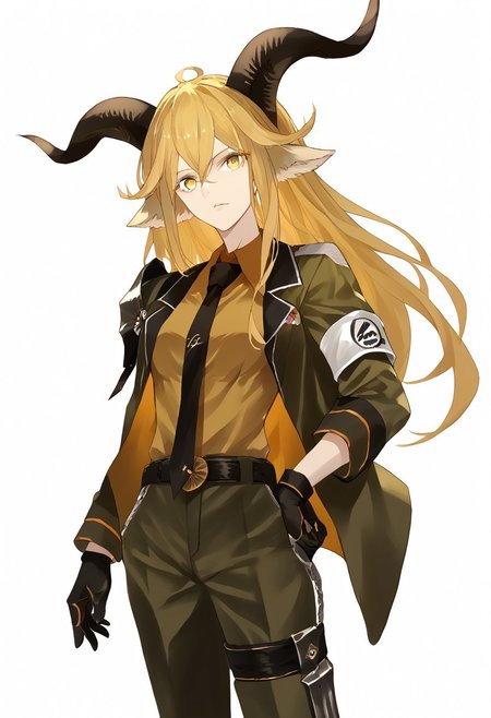 score_9, score_8_up, score_7_up, score_6_up, score_5_up, score_4_up, source_anime, 1girl, solo, 
Degenbrecher, goat horns, goat ears, yellow eyes, blonde hair, long hair, hair between eyes, bangs, jacket, shirt, necktie, pants, belt, armband, armor shoulder, gloves, tight strap, boots, military uniform, 
masterpiece, best quality, very aesthetic, absurdres,