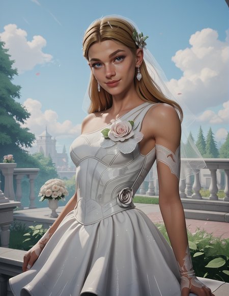 1girl, blue eyes, outdoors, blonde, bride dress<lora:Invisible_Woman_-_Marvel_Rivals:0.7> sue_storm (smile:0.5) <lora:Pony_DetailV2.0:2>, looking at the viewer, beautiful, slim, wide hips, bridal veil, score_9, score_8_up, score_7_up, score_6_up, (ultra sharp focus)