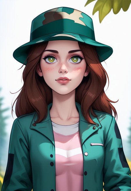 score_9, score_8_up, score_7_up, score_6_up, PRSNL_3_1, uncensored, pupils black dots, lips,
upper body, best quality, masterpiece, 4k, realistic, warm light,
LeafPony, leaf (pokemon), long hair, brown hair, brown eyes,
green headwear, camouflage headwear, long sleeves, jacket, green jacket, open clothes, sleeves past wrists, pink dress, bike shorts, shoes, black footwear,