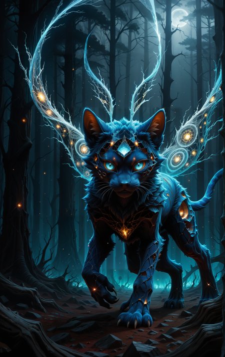 score_9, score_8_up, score_7_up, score_6_up, SV,
SV,
highly detailed digital illustration, shattered void feline creature, fragmented ethereal appearance,
deep vibrant blue fur mixed with glowing void cracks, frosty blue accents breaking into shimmering shards,
piercing sharp eyes, glowing with void energy, hauntingly wise expression,
large pointed ears, fragmented tips glowing faintly, tail dissolving into void mist,
small paws with claws tearing through space, sharp void-infused edges,
surreal misty forest, shattered trees, fractured reality, void energy swirling, eerie atmosphere.