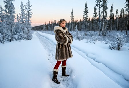 Stable_Yogis_PDXL_Positives, ziprealism, A professional photography in Steve McCurry stvmccrr style, rich colors, cultural portrait, Siberian-Asian, Under the deep indigo hues of a Siberian twilight, the silhouette of a young female hunter emerges against a dense line of evergreens. Snow sparkles faintly in the fading light, while the quiet stillness of the landscape amplifies the hunter's serene yet commanding presence., In the tranquil stillness of a Siberian winter morning, the young female hunter stands tall, her form a vision of power and grace. The thick, fur-lined coat of dark brown and charcoal grey she wears keeps her warm against the biting cold. Beneath it, a fitted tunic adorned with silver embroidery highlights her athletic physique. High-waisted, deep red woolen stockings are tucked into worn leather boots, ready for the challenges of the harsh terrain. The quiet, serene landscape around her amplifies the ancient, mystical atmosphere of the land., Her frost-kissed skin, pale and frosted, glows against the cool, wintry environment. Her platinum blonde hair is pulled up into a tight braid, with small pieces of fur woven through it, embodying the strength and harshness of her surroundings. Her eyes, sharp and determined, are the color of the Siberian sky, bright and piercing., With strong posture and a focused gaze, her hand rests casually on the quiver at her side, ready for the hunt. The delicate yet sturdy design of her traditional Siberian attire embodys centuries of craftsmanship, blending both function and beauty. A pair of small, fur mittens rest at her sides, prepared to shield her hands from the biting cold., The scene offers a sweeping view of the Siberian forest, where snow-laden trees stretch endlessly into the distance. The crisp air feels nearly palpable, as the pristine snow and untouched ice reflect the raw, untamed wilderness surrounding the Siberian huntress., This portrayal recalls the emotional depth of Konstantin Makovskyâs portraits, while the environmental realism echoes the work of Isaak Levitan. The rich textures of the traditional Siberian huntress attire and the frozen landscape are reminiscences of Ivan Kramskoiâs artistic mastery., <lora:add-detail-xl:1.0><lora:Consistency Corrector XL:0.4><lora:stvmccrr:1>âââ