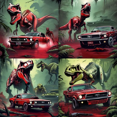 breathtaking sports car ford mustang, horrible terror, gore, blood, in jungle in style of dnmumfrd <lora:dan_mumfordv04:0.5>  , a dinosaur (undead zombie:1.5) t-rex in background