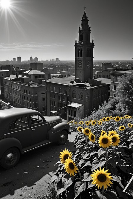 film noir style  A landscape of intertwining labyrinths, where sunflowers bloom with tears instead of petals, casting long shadows over a cityscape filled with crumbling buildings and abandoned cars, The melancholic symphony of silence echoes through the air as the hands of an old clock tower seem to drag time backward, . monochrome, high contrast, dramatic shadows, 1940s style, mysterious, cinematic