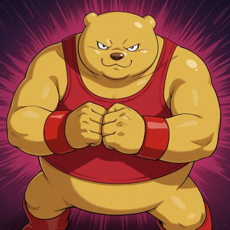 2d, solo, Botamodbs, male, bear, brown nose, male, 1boy, yellow skin, red tanktop, red wristbands, red boots, :3

BREAK best quality, amazing quality, very aesthetic, absurdres, newest, masterpiece, mischievous, looking at viewer, cool pose, fists, standing, abstract background