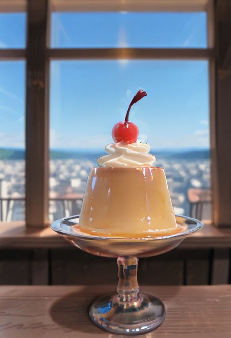 masterwork, masterpiece, best quality, very aesthetic, absurdres, newest, huge filesize, hires, highres, supper fine illustration, very awa, detailed, hdr, blurry background, anime screenshot, 
food focus, object focus, no humans, 
retroprin, pudding, spoon, cherry, whipped cream, syrup, silverware, still life, shadows, cafe background, coffee, 
japanese cafe, "kissaten", cityscape, window, blue sky, ambient lighting, wood texture, minimalist decor, cozy, modern, shiny skin, negative space, fisheye, 