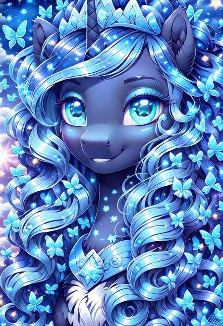 masterpiece, score_9, score_8_up, score_7_up, score_6_up, (best quality:1.1), ultra-detailed, high resolution, (Feral pony), (SOLO), (ALICORN PONY), (1WOMEN), (LUNA), (highly detailed pony face:1.5), (beautiful detailed turquoise eyes), (detailed blue wavy starry hair:1.5), (detailed dark blue  fur:1.5), (lidded eyes), (soft calm smile), (blue shiny royal regalia:1.5), (blue flower:1.5), (blue butterflies:1.5), ((bright blue vibrant starry night sky background:1.7)), (blue clouds:1.5), (blue crepuscular rays:1.5), high quality, sharp, the quality of ai art is frightening, highly detailed, Highly Visible, sharp focus, high detail, detailed background,