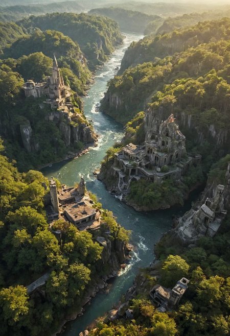ultra HD, high quality, 4K, (ultra high res:1.8), (masterpiece), (beautiful lighting:1.4) , aerial view of beautiful landscape with a river in the middle, the landscape is a mix of Austria and Amazonia, strange ruins of an abandoned city in the forest, Envision a surreal, dystopian world where arcane forces meet retro-futuristic sci-fi, no human