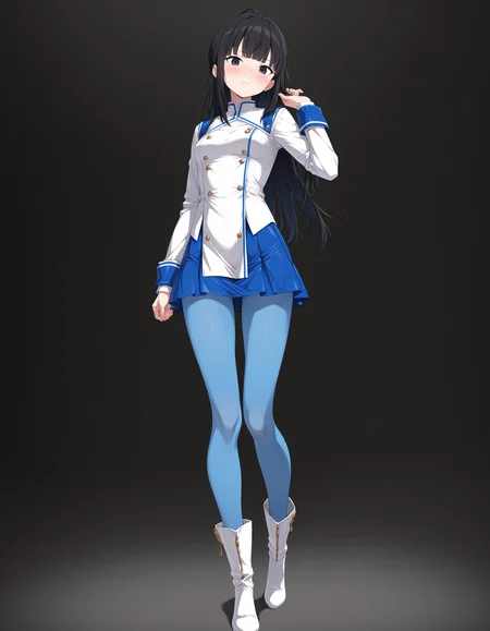 masterpiece,best quality,amazing quality,very aesthetic,high resolution,ultra detailed,perfect details,
1girl,<lora:mai_aigis_blue:1>,mai_aigis_blue_n,1girl, solo, long_hair, breasts, looking_at_viewer, blush, simple_background, shirt, skirt, black_hair, long_sleeves, closed_mouth, standing, jacket, white_shirt, full_body, pantyhose, small_breasts, boots, hand_up, blunt_bangs, miniskirt, black_eyes, blue_skirt, white_jacket, white_footwear, black_background, blue_pantyhose
standing,full body,