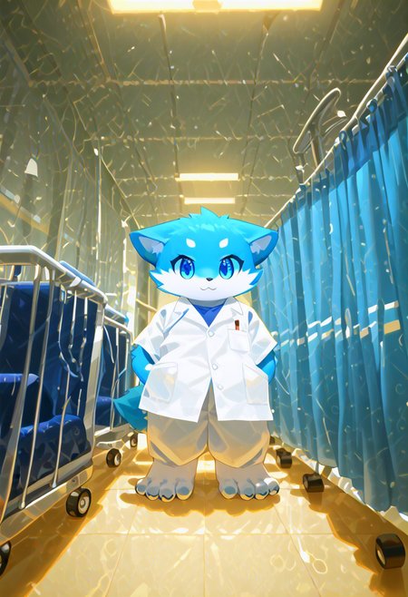 levelonerubili, zuppu11, animal, blue eyes, blue fox, (bdr), furry, furry male, no humans, hospital, score_9, score_8_up, score_7_up, zPDXL3, looking at viewer, solo, cute, white doctor shirt, full body
