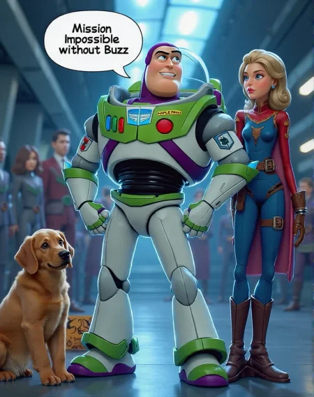 Buzz Lightyear stands in a futuristic setting. text bubble from the man says  "Mission Impossible without Buzz". They look determined and ready for battle.