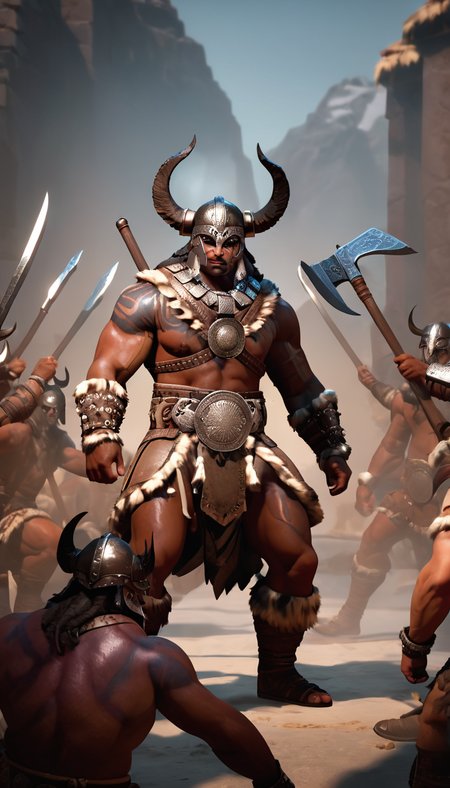 cinematic photo Cinematic scene, hero view, d4b barbarian <lora:diablo_4_barbarian_xl_v1:1>, action pose, detailed background, masterpiece, best quality, high quality, absurdres . 35mm photograph, film, bokeh, professional, 4k, highly detailed