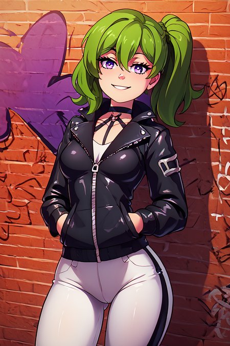 score_9, score_8_up, score_8, medium breasts, (curvy), cute, eyelashes,       BREAK, , <lora:UbelSousounofrieren:0.8>, zzUbel, medium hair, hair between eyes, green hair, side ponytail, purple eyes,, BREAK, smile, looking at viewer,  leather jacket, leather pants, black jacket, tight pants, black choker, zipper, biker clothes, spikes,  multiple belts, shiny clothes, high collar, (graffiti:1.2), brick wall, cowboy shot, embedding:zPDXL, Expressiveh, <lora:theOtherHalfPDXL:0.8>,  <lora:CatalystStylePDXL:0.6>,  <lora:SDXLFaeTastic2400:0.5>,  <lora:Expressive_H-000001:0.4>,