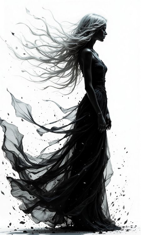 A side-view, full-body black silhouette of woman with long silver-white hair standing on a plain white background, facing to the right. wearing a long black dress. A strong wind flows her hair and the dress to the left. The silhouette appears solid at the front, but the back of the figure is dissolving into very long curved expressive lines that drift backward, as if being carried away by the wind. Edges gradually fading into a wide soft mist. Fragments that scatter into the air. The particles fade from dense to sparse, giving a surreal sense of the figure disintegrating into the air