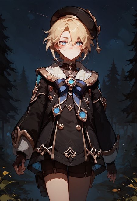 score_9, score_8_up, score_8, anime style, score_9, score_8_up, score_8, anime style, source_anime,
1 boy, otoko no ko, trap, androgynous, freminet, genshin impact, solo, 1boy, male_focus, blush, freckles, blonde hair, blue eyes, young, hat, forest background, dark, night, night sky, standing, concept art, realistic, dark theme, low light, <lora:freminetXL-fine:0.8>