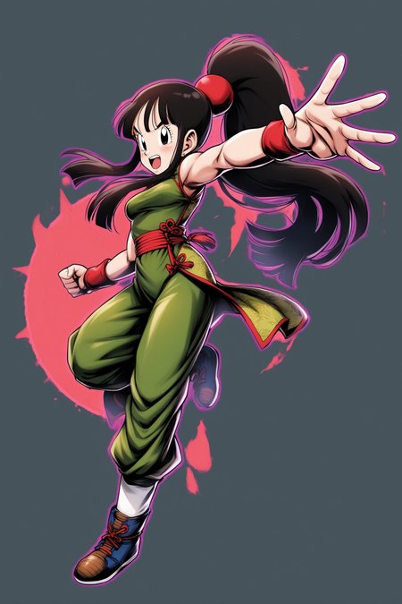 chi-chi \(dragon ball\), 1girl, solo, black hair, open mouth, chinese clothes, white background, long hair, wristband, full body, ponytail, simple background, dress, black eyes, sleeveless, china dress, pants,<lora:Dragon Ball_XL:0.8>,