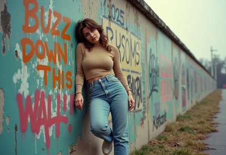 A candid, photorealistic image from 1989 of a busty young woman leaning casually against the Berlin Wall. The wall is covered in vibrant graffiti, and prominently next to her is a spray-painted message that reads: 'BUZZ down this wall!' in bold, uneven letters. The woman is dressed in tight but modest 1980s fashion: high-waisted jeans, a tucked-in fitted sweater, and classic white sneakers. Her hair is styled in a typical 1980s look, with voluminous curls and a slightly teased crown.  The photo has an authentic analog feel, shot on a vintage 35mm film camera like the Canon AE-1, using Kodak Gold 200 film. The lighting is natural, with soft, diffused sunlight typical of an overcast day, casting a muted glow over the scene. Slight film grain, subtle color shifts, and light lens flares enhance the nostalgic atmosphere. The background includes other sections of graffiti-covered wall and a glimpse of the cityscape, capturing the tension and energy of Berlin in 1989."