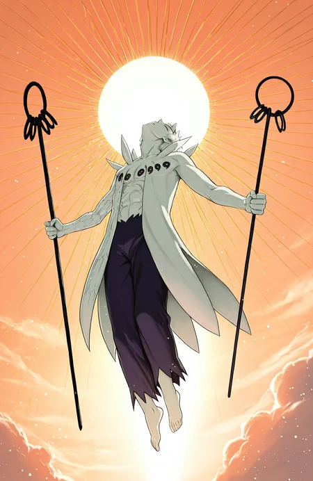 orange sky, swirling clouds, plantar flexion, floating, midair, spread arms, a-pose, holding staff, light particles, sunburst, heavenly, wind, closed eyes, head back, from below, r50_ob1t0, rinnegan, sharingan, 
masterpiece, best quality,
<lora:Juubito_X6E13:1.0>