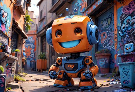 a orange [and blue] chibi robot, with a PC screen as head, smile, outside street, graffiti walls, sprays,