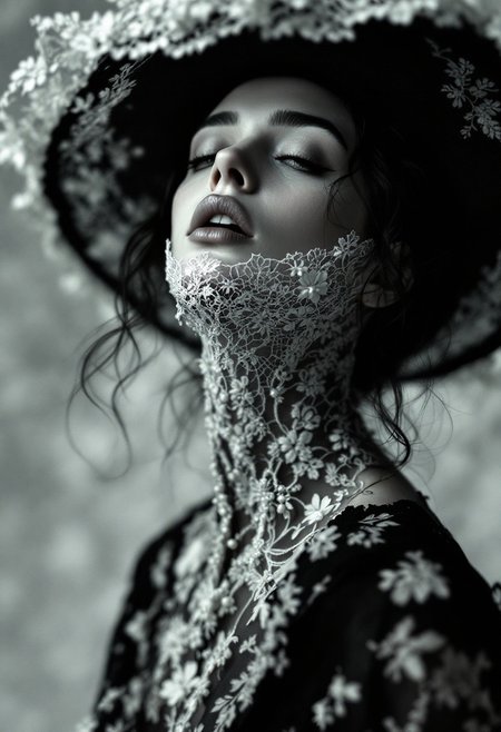 style at egon schiele, sfumato, bohemian, covered by hat, lace, black background, intricate details, realistic, colorful, professional photoshoot, chiaroscuro lighting