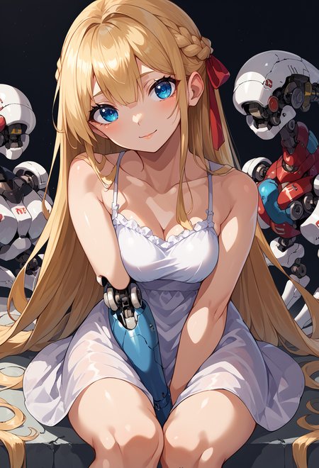 score_9, score_7_up, source_anime, BREAK  <lora:yunimaru_style:1> yunimaru, science fiction, cyborg, mechanical parts, mechanical arms, joints, very long hair, light smile,, <lora:mxmarina:1> mxmarina, french braid, half updo, Hair ribbon, spaghetti strap, sleeveless dress, blue eyes, hand between legs, head tilt,