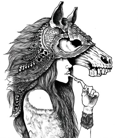 monochrome, long hair, finger to mouth, detailed, shushing, horse, traditional media, skull, wolf, animal focus, house, 1girl, profile, female focus