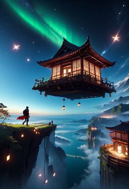 WLOP art style, unreal engine 5 style, outdoors, The island floating in the air, sky gate,  human, bulding night, meteor star aurora , (low light), top-down view, firefly -ar 9:16, high saturation, high contract