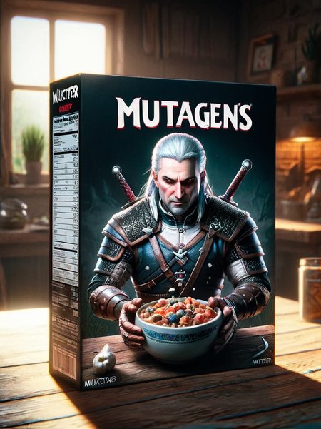 cereal box, with the text "mutagens", a witcher sitting, 8k, F2.8, RAW Photo, ultra detailed, real life  <lora:Whimsy_Crunch_-_breakfast_of_champions:1>