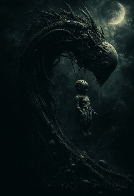 masterpiece, best quality, absurdres), an eerie night scene under a dark crescent moon. A weathered, ancient tree with gnarled branches looms in the foreground, its roots twisting into the shadowy earth. From one of its twisted limbs hangs a decrepit doll, its fabric tattered and face faded, swaying eerily in the cold breeze. The doll's glassy, cracked eyes catch the faint, pale moonlight, creating an unsettling sense of lifeless observation. The background is cloaked in a dense, oppressive fog, with faint silhouettes of additional twisted trees barely visible in the gloom. Shadows and muted tones dominate the scene, with splashes of faint silvery light casting an otherworldly glow. The composition emphasizes foreboding and unease, drawing the viewer into the haunting stillness of the night.