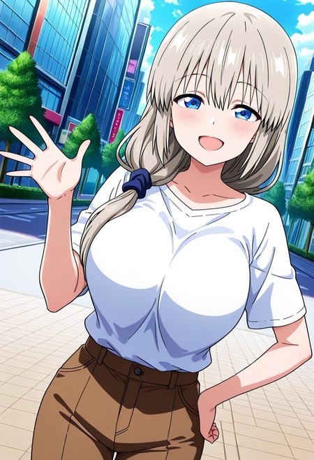 general,highres, ultra-detailed,very aesthetic,best quality ,best hands,best eyes,easynegative,
dynamic anglre, dutch angle, anime cloring,anime screencap,
1girl solo,looking at viewer,smile,open mouth,hand on hip,city,outdoors,waving hand,
Tsuki uzaki,white hair,long hair,hair ornament,,huge breatsts,shirt,pants,
