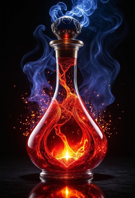 Score_9, Score_8_up, Score_7_up, Score_6_up, Score_5_up, Score_4_up, high_def, highest quality, 4k, best quality, masterpiece, no humans, object focus, focused, defined, (Photorealistic magic potion:1.3), intricate glass bottle, elixir, fiery colors, red hues, lava, bubbling, ethereal light, flashy lights, magic lights, luminous, dynamic reflections, magical aura, highly detailed, fantasy essence, glowing particles, radiant aura, aether