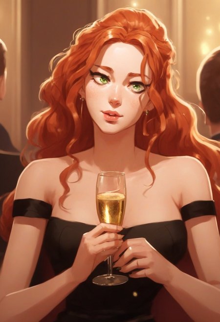 Masterpiece, mars_hdt, gorgeous, high quality, 1girl, solo, red hair, green eyes, black dress, cleavage, sitting, blush, looking away from viewer, holding champagne, holding glass, perfecteyes, highly detailed