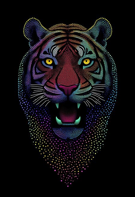 A fierce tiger staring forward, made from glowing dots, in the style of PSYCHDOT, isolated on a solid black background