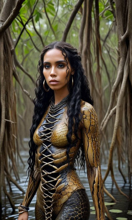 UHD, 8K, ultra detailed, a cinematic photograph of full length, full body, full frame, (((midnight in a mangrove swamp))) '[snake human ] hybrid' made of human skin, darkness, forked tongue, beautiful lighting, great composition, long black hair, chicken bones in beaded dreadlocks, voodoo woman, trees, Spanish moss hanging from the trees bokeh, blurry background, darkness