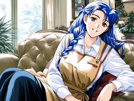 score_9, score_8_up, score_7_up, source_anime, rating_explicit, BREAK  <lora:Narusawa_Misako_XL:1> NarusawaMisako, blue hair, long hair, brown eyes, large breasts,
1girl, solo, apron, indoors, braid, couch, shirt, looking at viewer, 
long sleeves, skirt, smile, collared shirt
sitting