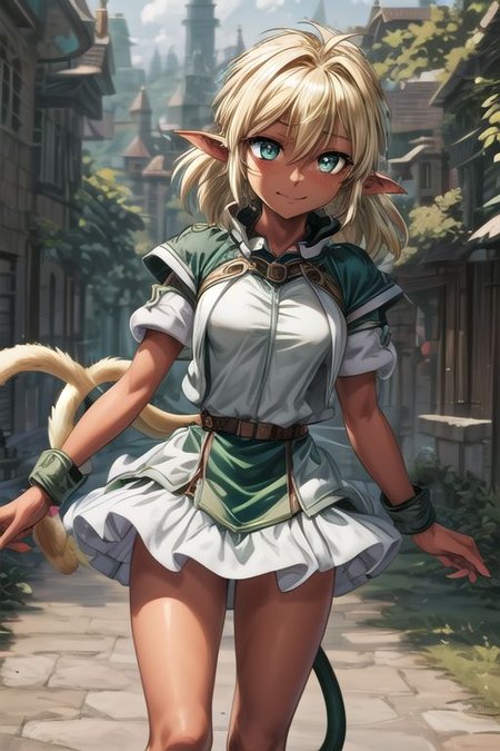 best quality, ultra-detailed, (1girl, solo,fam, blonde hair, (green eyes:1.5), pointy ears, Small breasts, dark skin, dark-skinned female, elf, long pointy ears, tail, Brutal smile, Narrow eyes), tutu skirt, ng_deepnegative_v1_75t, easynegative