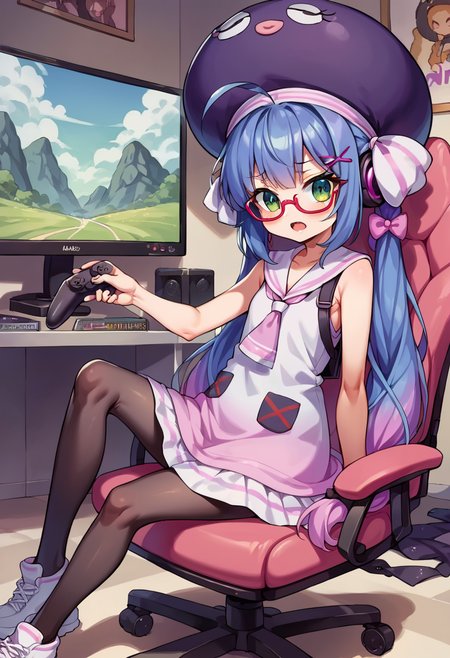 score_9, score_8_up, score_7_up, source_anime, BREAK
<lora:OtomachiUna_MMD_Pony_V1:0.85>Otomachi_Una, green eyes, gradient hair, blue hair, pink hair, very long hair, twin braids, black hair bow, hairclip, large ahoge, x hair ornament, sidelocks,
large hat,  purple hat, hat bow,
red-framed eyewear, under-rim eyewear,
short dress, sleeveless dress, frilled dress, randsare,
pantyhose, white footwear, shoes,
(cowboy shot), cute, kawaii, ((Petite)), (ftame out hat),(sitting on a chair), @_@,name tag,
Streamer room, gaming chair, gaming PC, game equipment, controller, TV monitor, PC monitor, headphones, headset, anime poster, game poster,