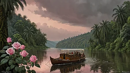 fantasy romania, Lovecraftian Dreamlands, landscape of a Varied White and Rose Pink (wide river used by keelboats:1.2) from inside of a Rainforest, at Golden hour, (landscape art by Alejandro Burdisio:1.3) , Isaac Levitan, detailed portraits, detailed still life, gritty urban scenes, complex, kitsch, dramatic, moody, <lora:EnvyPulpFantasyXL-prod-weighted.:1>, sublime, grand illumination, extremely stylish, vibrant