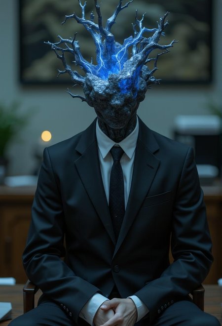 <lora:ck-polygon-gems-0019.safetensors:1> a crafted gemstone model in the style of cklg featuring a
A mysterious figure sits confidently in an office setting, dressed in a sharp black suit and a crisp white shirt. Its head is replaced by a void-like entity, with dark tendrils crackling with blue light, creating a surreal contrast against the formal attire. The background is blurred, depicting a dimly lit office space with subtle hints of unease. The artwork masterfully blends realism with horror elements, evoking an emotional response and questioning the nature of identity and existence.