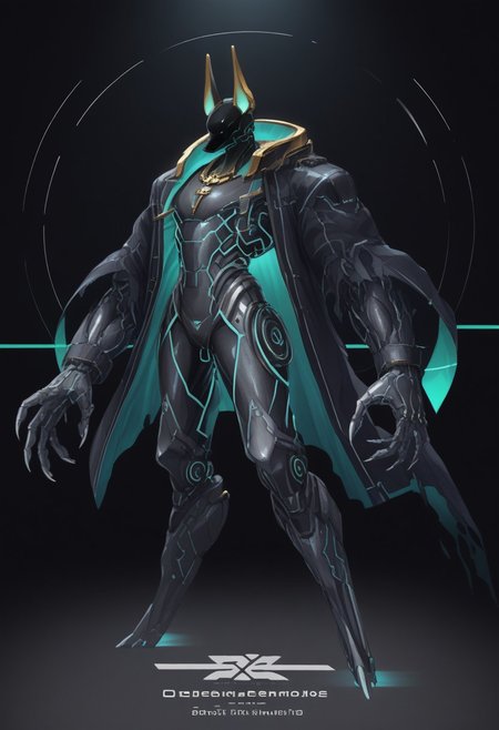 werewolf(((jackal Anubis robot)))(stunning, magnificent, HD, photorealistic, dramatic lighting, intricate details, armor beautiful patterns, realistic , mythical, legendary, powerful, cinematic,, masterpiece, perfect anatomy, perfect composition, perfect hand, (beautiful detailed eyes:1.2), (soft colors)) , glowing blue core on armor, armor highly detailed patterns on armor), torn cloak , full body fits into the image, full body visible, ), claws, gauntlet, igital illustration of a futuristic, armored humanoid figure. The subject is dressed in a highly detailed, dark, and bulky exosuit with intricate mechanical components and white accents. The suit features various textures and layers, including a cloak-like garment with angular, geometric shapes. The figure's head is adorned with a helmet that has two antenna-like protrusions and a visor, giving it a robotic appearance. The suit has several logos and text in white, including a prominent circular emblem on the chest and arm. The overall design is sleek and modern, with a strong emphasis on technology and advanced, ,(((huge arms with cylinders mechanical components)))