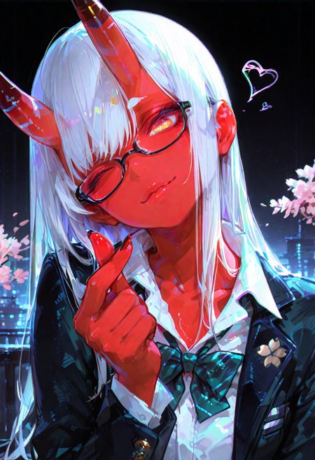 masterpiece, best quality, amazing quality, very aesthetic, absurdres, newest, holographic colors, cute, gradient colors, dark background, masterpiece, best quality, amazing quality, very aesthetic, volumetric lighting,1girl, uncensored, 
BREAK
nsfw, 
 ambient occlusion, intricate cinematic background, (beautiful face), 
BREAK
masterpiece, highly detailed,1girl, solo, beautiful eyes, big eyes, detailed eyes, detailed pupils, perfect body,
(sexy, slutty, hot)
BREAK
flirting:2.0,
Aka-Oni, oni, colored skin, red_skin, straight horns, long hair, uncensord, collarbone, cherry blossom, 
(Sexy lips), 
collared shirt, diagonal-striped bow, diagonal-striped bowtie, diagonal-striped clothes, finger heart, glasses, gradient background, head tilt, heart, jacket, official alternate costume, one eye closed,