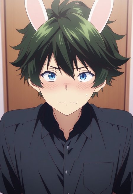 masterpiece,best quality,amazing quality, source_anime, 
HaruhikoIchijo, 1boy, male focus, solo, blue eyes, green hair, shirt, black shirt, collared shirt, rabbir ears, blush,
