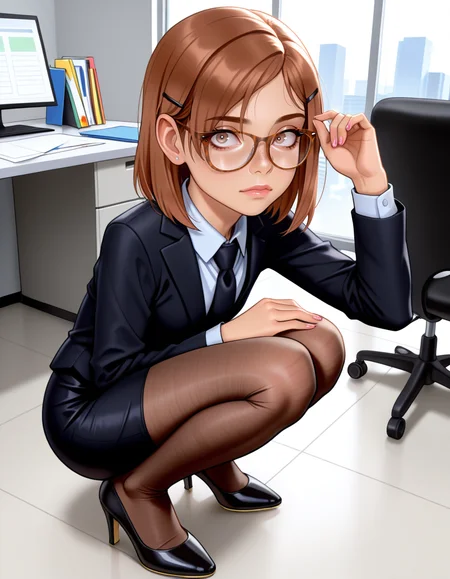 masterpiece, best quality, very aesthetic, absurdres,
indoors, office, 
full body, long eyelashes,
<lora:Megan_v01_NAIXL-000012:1>,
M364n,1girl,brown hair,short hair,hairclip,glasses,brown eyes,freckles,office lady,necktie,suit,pencil skirt,brown pantyhose,high heels,