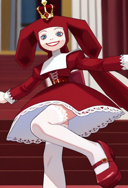 score_9, score_8_up, score_7_up BREAK PriZuDDR, 1girl, red gold crown, red headdress, blue eyes, red lipstick, white collar, long-sleeved red dress, red belt, buckle, white lace trims, white frills, white petticoat, white stockings, red platform shoes, red palace indoors, red royal palace background, elegant room, solo, solo focus, female, female focus, regal pose, regal attitude, royalty scene,