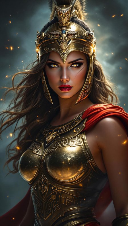 A powerful waist-up portrait of a divine warrior woman, reimagined as a modern embodiment of Athena or Diana, glowing with ethereal gravitas. She wears a gleaming bronze chestplate embossed with ancient sigils—owls, crescent moons, and labyrinthine keys—crafted to accentuate both strength and femininity. Her full-face Corinthian helmet, burnished and radiant, is slightly tilted back to reveal a chiseled visage: luminous olive-toned skin, deep-set dark eyes adorned with smoky eyeshadow, and bold red lips that smolder with silent authority. Her thick, wavy hair flows in strands of dark gold and midnight, caught in a celestial breeze that stirs the edges of her crimson cape. The background is an abstract tapestry of shadows and stormlit textures—blues, blacks, and muted golds—evoking chaos and divinity. Subtle embers and sparks float around her, adding a touch of mythic fire. The overall style is photorealistic with a movie-poster gloss finish: ultra-sharp detailing, lens flare highlights, and high-contrast cinematic lighting that bathes her in a divine, battle-hardened aura
