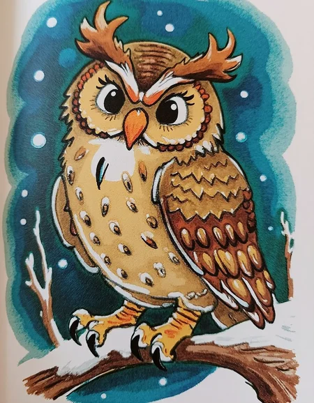 a detailed, hand-drawn illustration in a whimsical, cartoon style, rembrandt style, classic children's storybook illustration. The illustration's colors are vibrant and bold, with a mix of warm and cool tones that enhance the character's lively and friendly appearance. The overall style is reminiscent of classic children's storybook illustrations.
an owl sitting on a branch on a winter evening