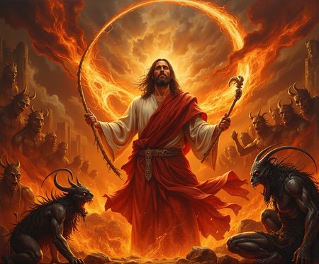 Jesus Christ with a whip of fire fanning demons 
